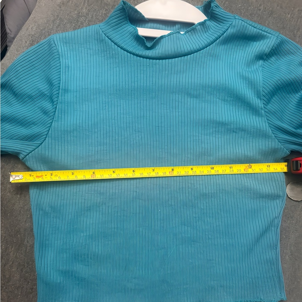 Teal Ribbed Ruffle Top- Size S - Picture 4 of 4